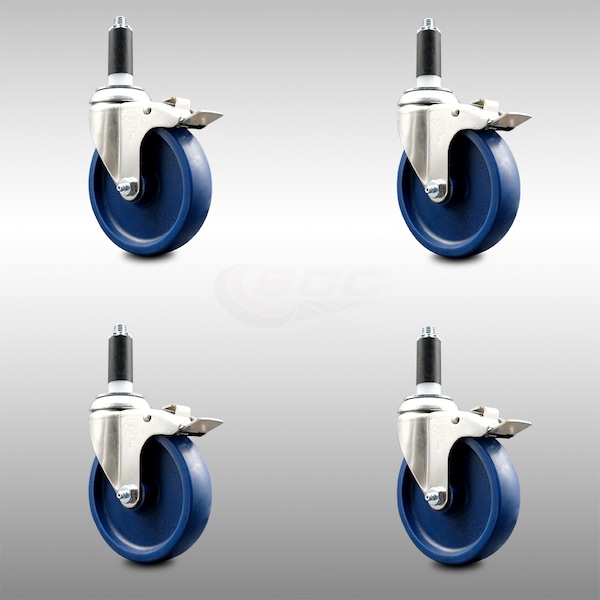 5 Inch 316SS Solid Poly Swivel 1 Inch Expanding Stem Caster Set Lock Brake